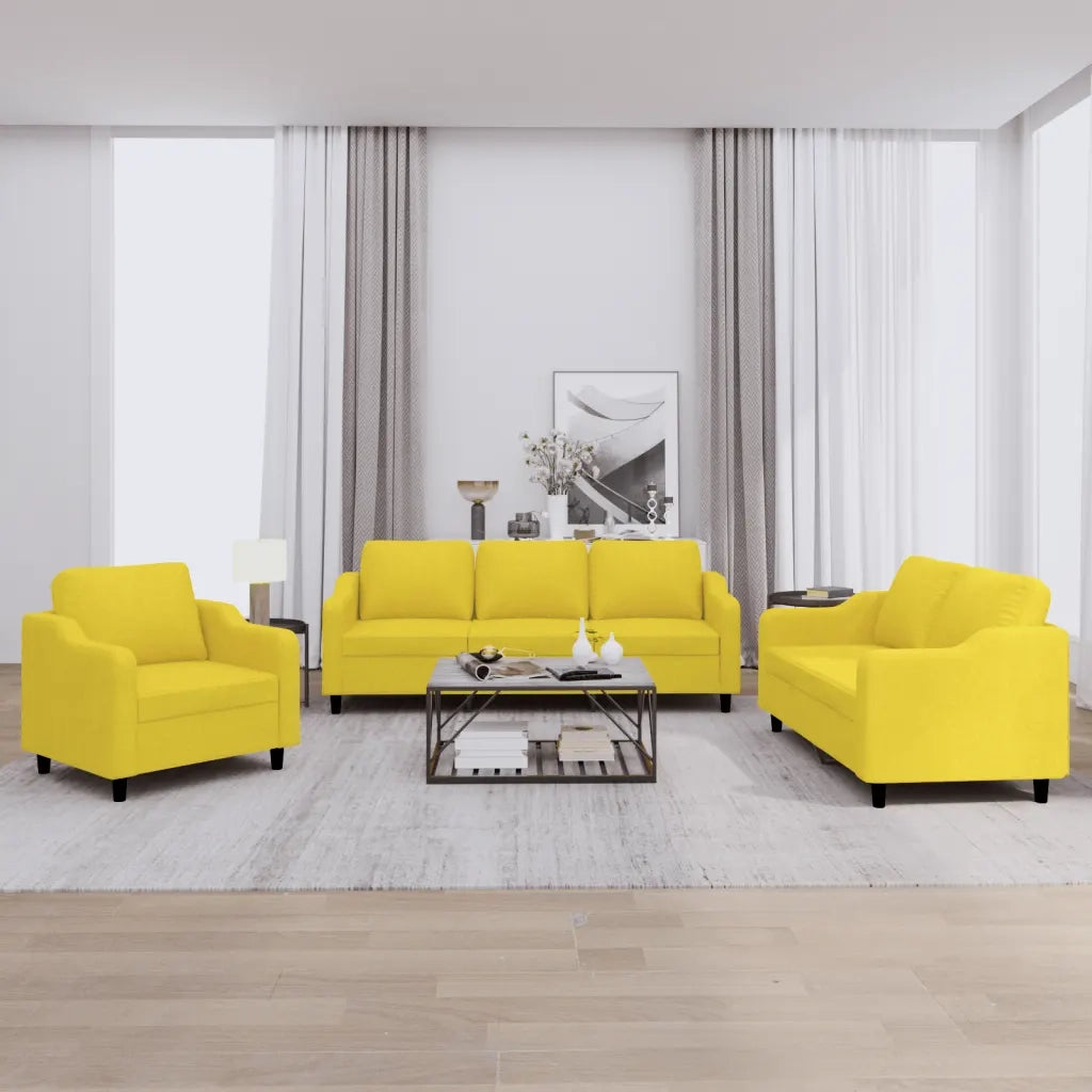 Set di Divani 3 pz con Cuscini Giallo Chiaro in Tessuto