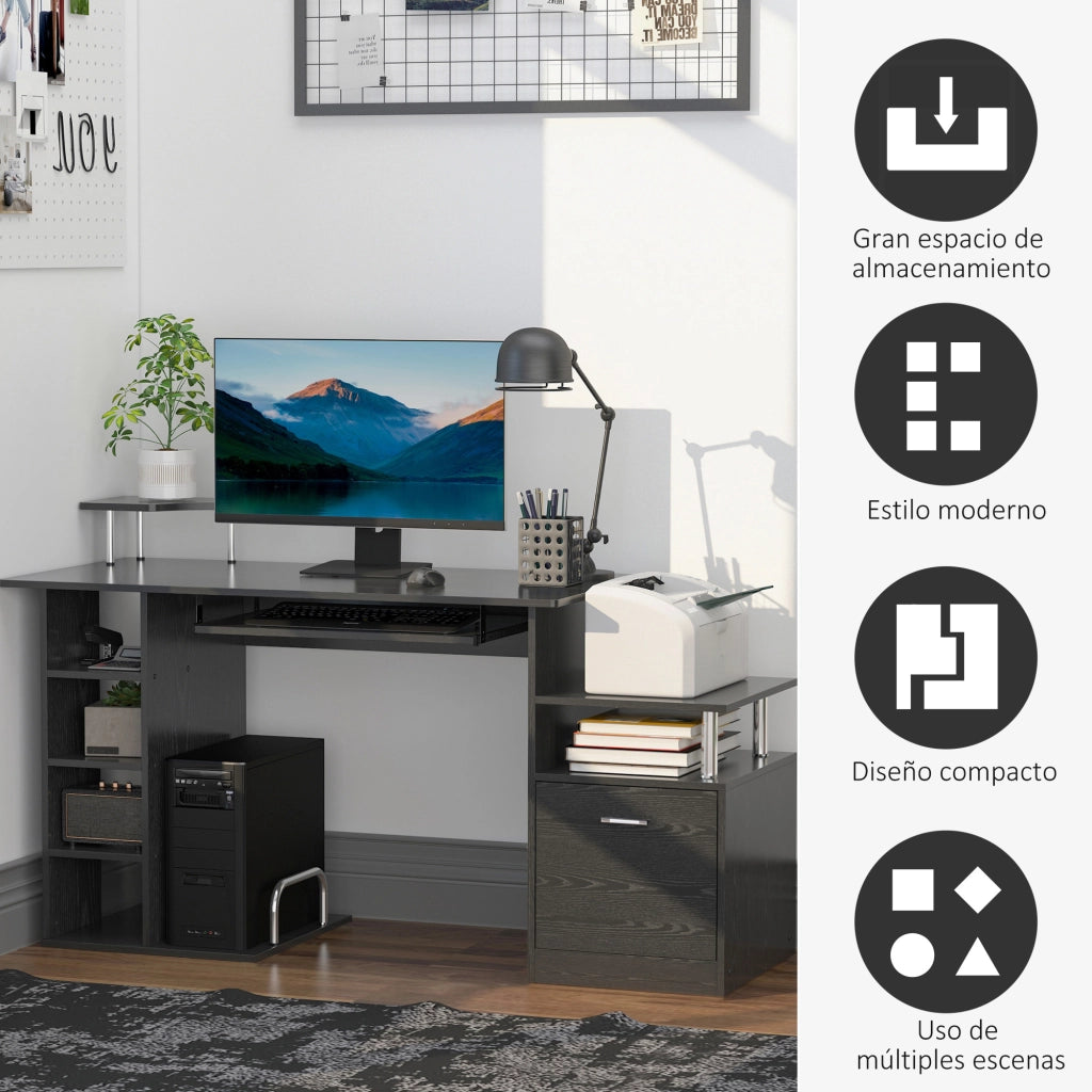 Scrivania da computer con 6 ripiani cassetto porta tastiera supporto monitor ¨C Xylo ¨C 152x60x88 cm nero