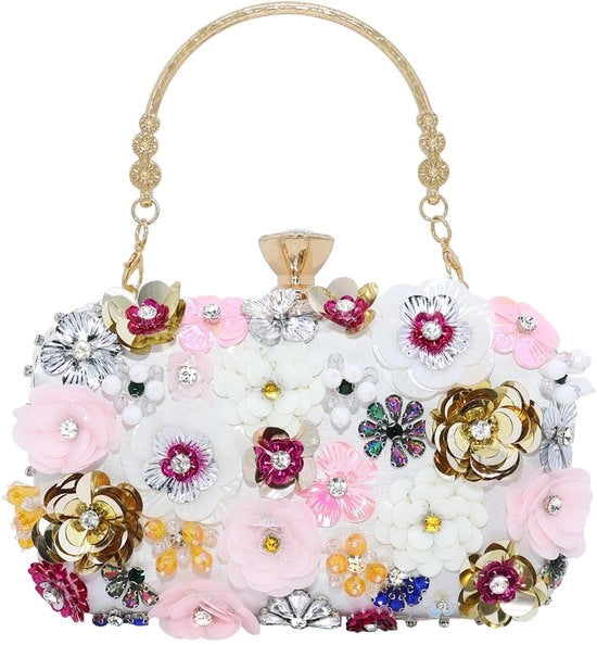 Borsa da sera per donna in pizzo con cristalli (bianca)