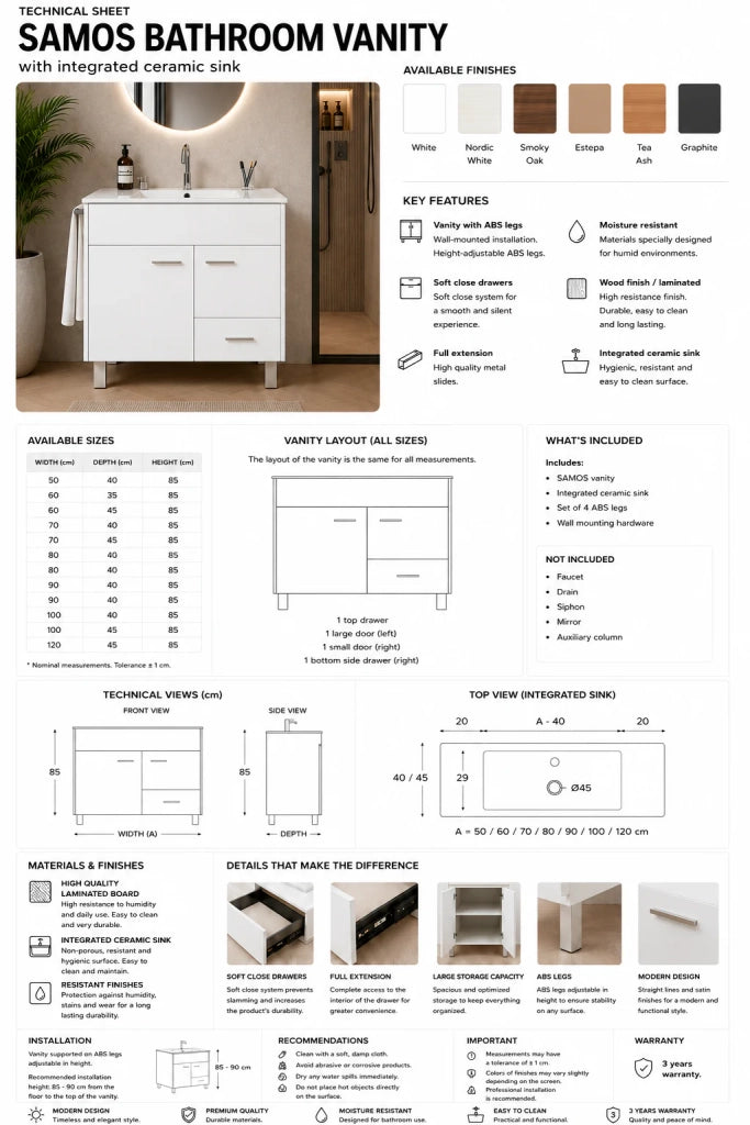 Mobile bagno con lavabo ORIGENBATH SAMOS senza specchio 90x40 cm rovere smoky