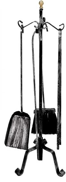 SET DI ATTREZZI PER CAMINO CON BRUCIALEGNA ,4 UTENSILI E STAND CON POMELLI ORO USATO COME NUOVO