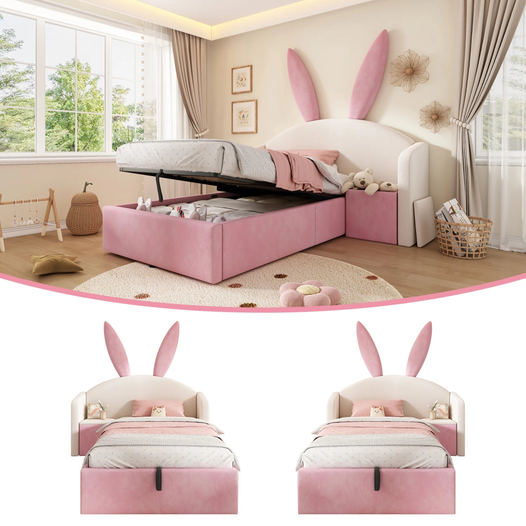 Letto Imbottito Singolo per Bambini con Contenitore e Comodino ¨C MINIMAL ¨C Velluto Beige Rosa 90x190