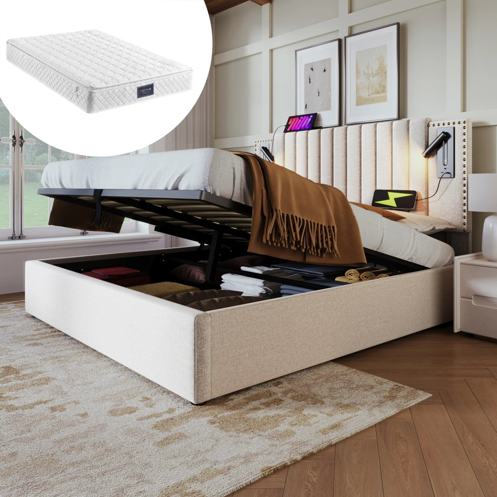 LETTO Contenitore 140x200 cm Beige in cotone con luce da lettura e USB