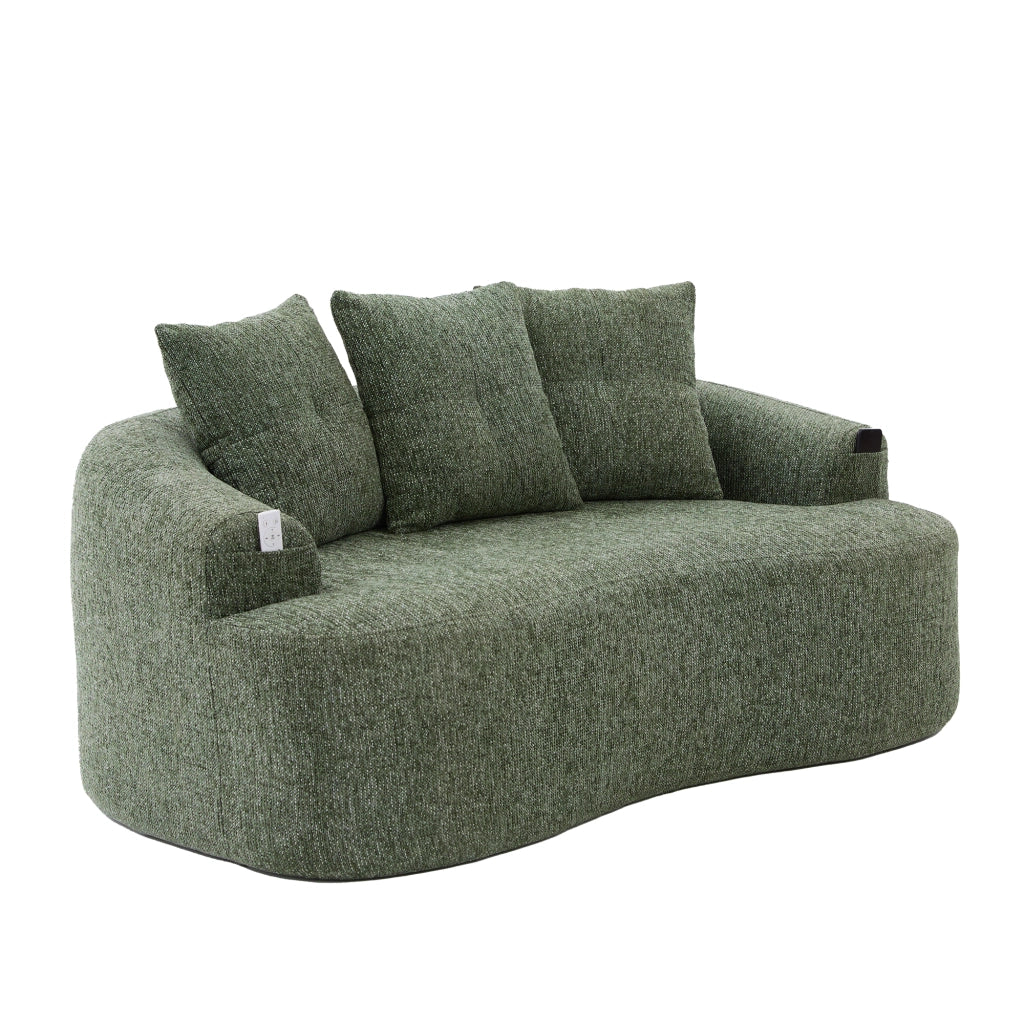 Divano lineare 2 posti con seduta profonda e 3 cuscini in chenille verde 164 × 92 × 60 cm
