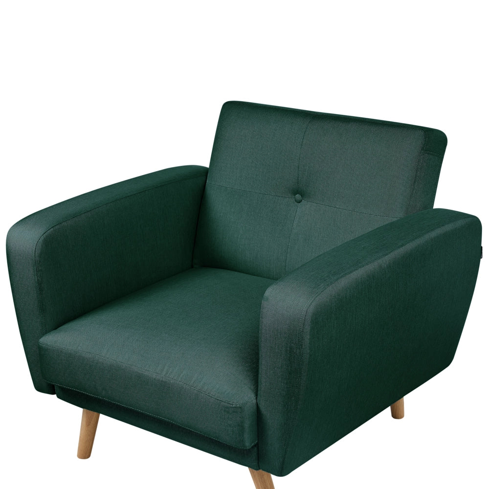 Poltrona imbottita in tessuto verde trasformabile schienale regolabile gambe in legno soggiorno moderno e minimalista