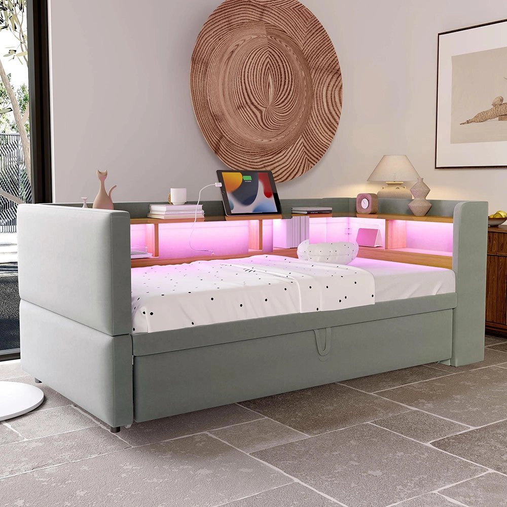 Divano letto - Xylo - 90/180x190 cm LED USB grigio chiaro