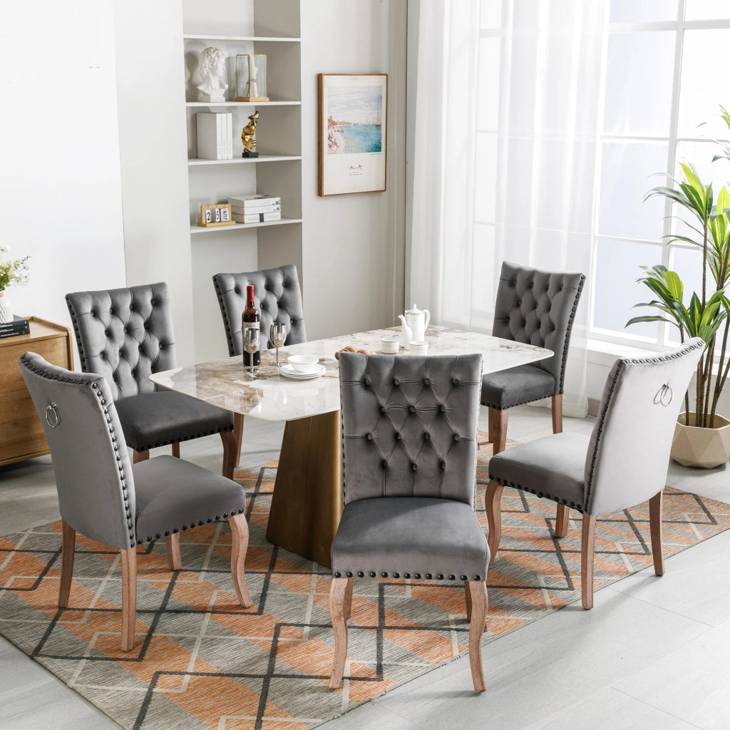 Sedie da Pranzo Imbottite in Velluto ¨C MINIMAL ¨C Set 6 Pezzi, Gambe Massello, Grigio