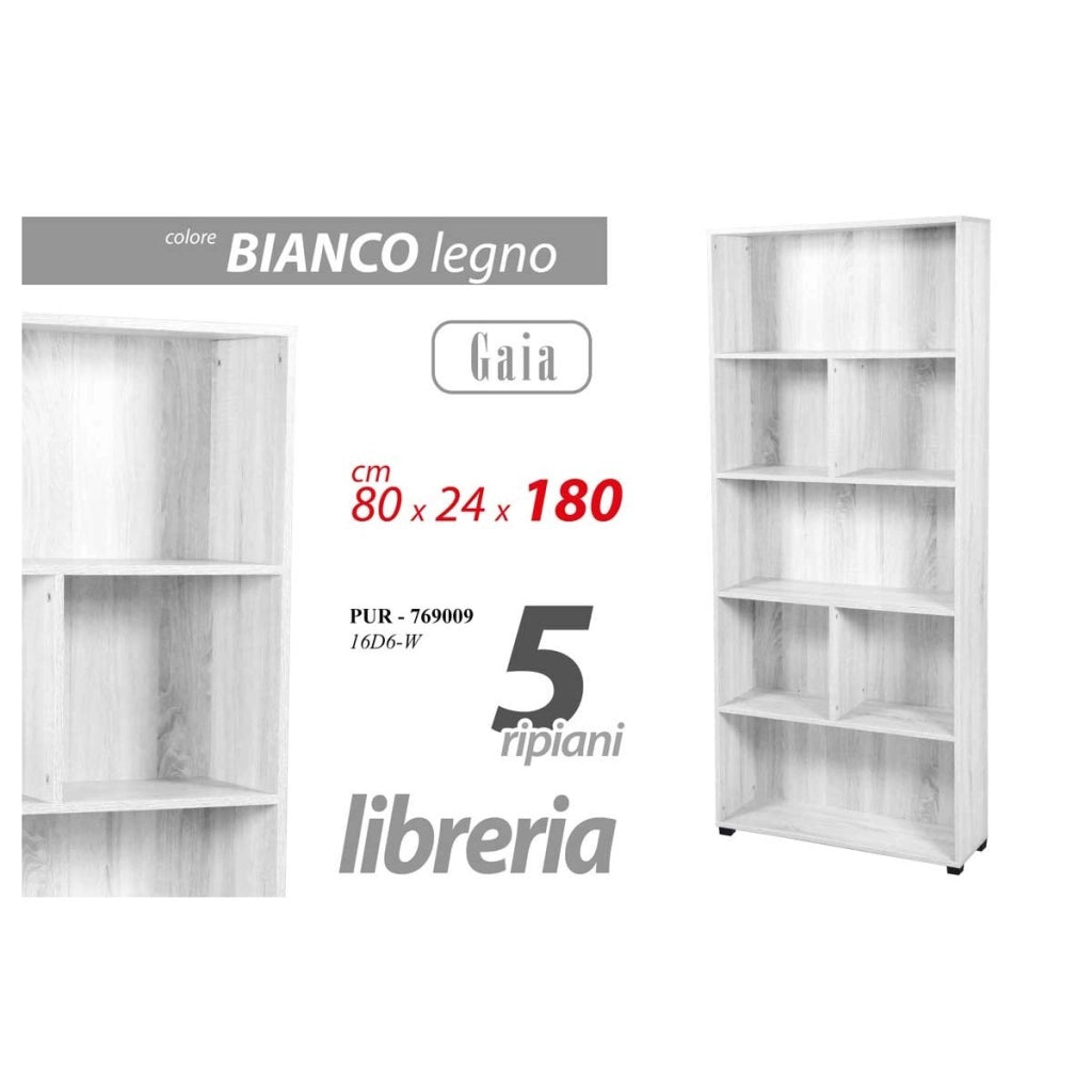 Libreria Gaia 5 ripiani bianca cm 80x24x180 h