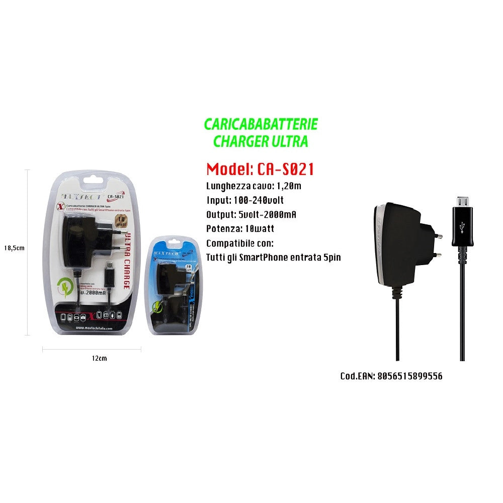 Trade Shop - Maxtech Caricabatterie Charger Ultra Per Smartphone Entrata 5 Pin 10w Ca-s021 -