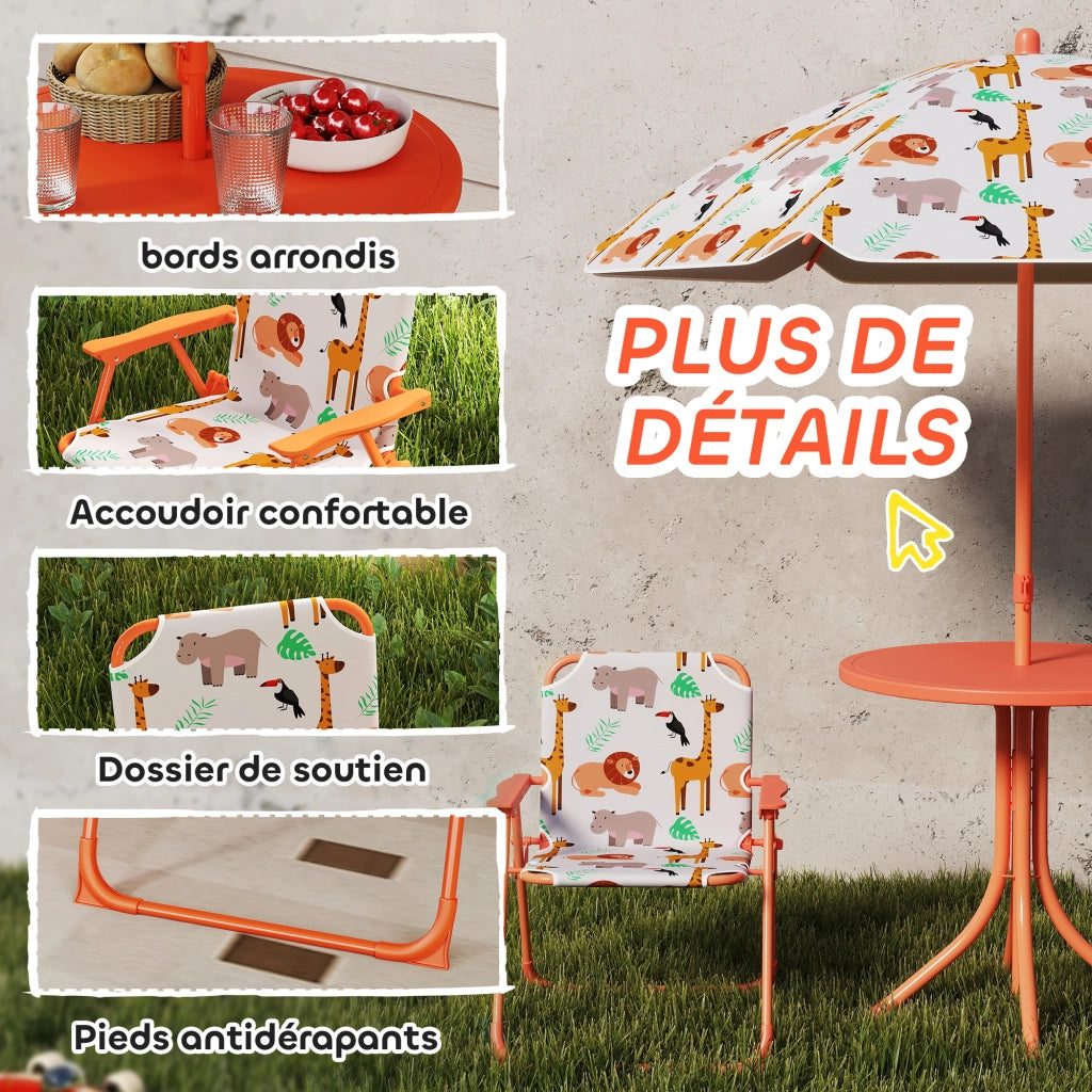 Set da giardino per bambini con tavolo e 2 sedie pieghevoli e ombrellone ¨C Minimal ¨C arancione, ? 100 cm, motivo animali