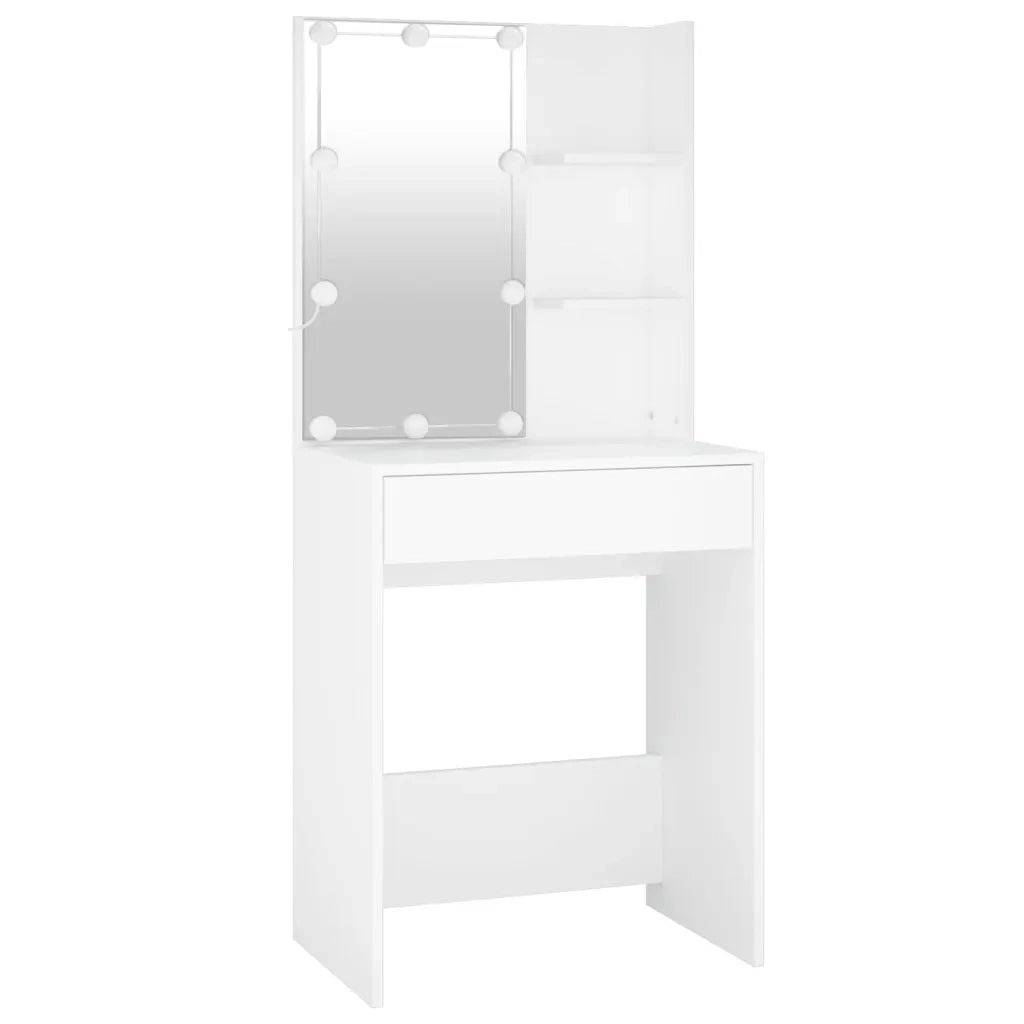 Toeletta | Tavolo da Trucco con LED e Armadietto Bianco in Legno Multistrato