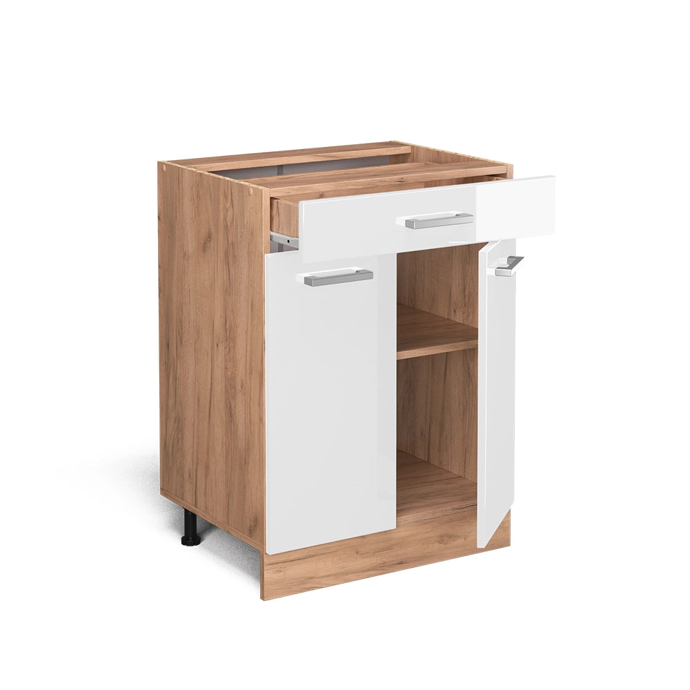 Vicco Mobiletto base per cucina Bianco lucido 60 cm con cassetto, PL Rovere