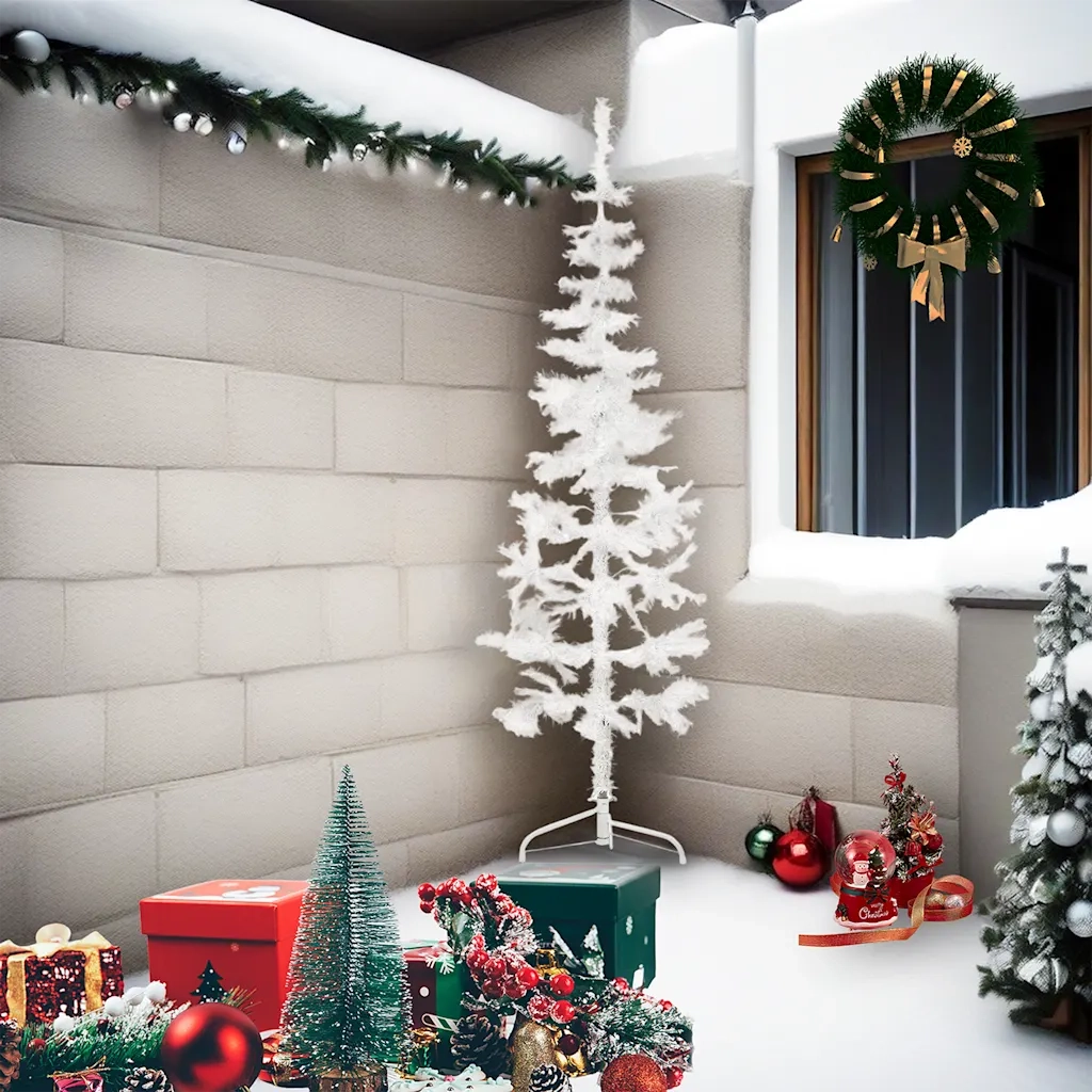 Albero Natale Artificiale Sottile a Met¨¤ Supporto-Albero Natalizio Bianco 210 cm
