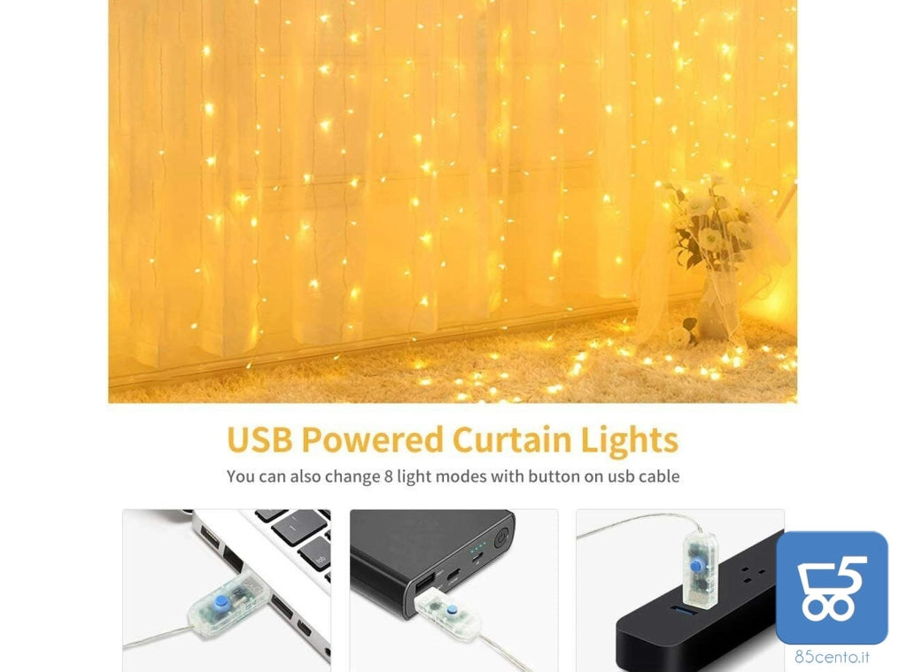 Stringa Luci LED per Tende e Decorazioni Bianco Caldo Alimentazione USB 3m x 3m con Telecomando