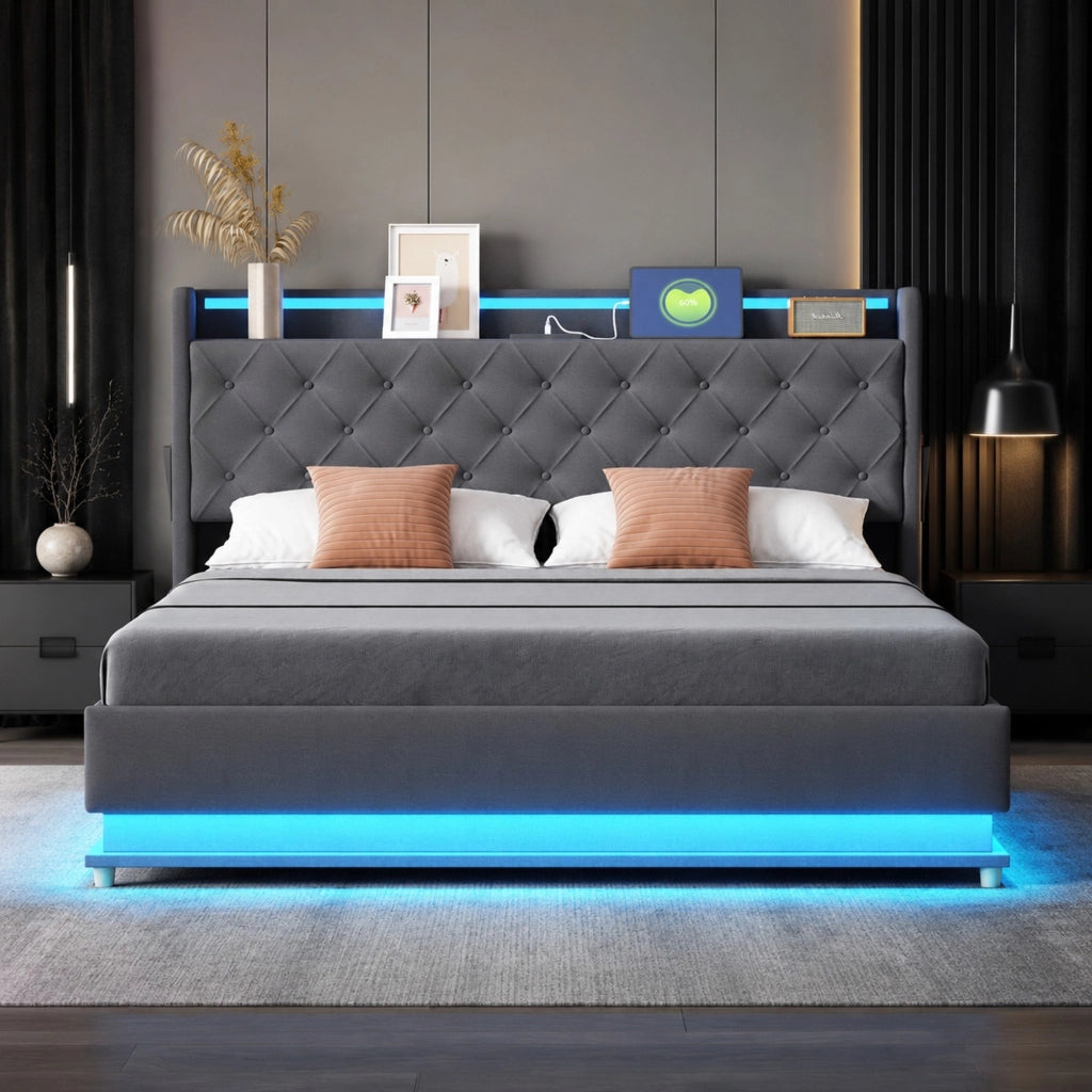 LETTO imbottito LED 160x200 cm grigio con USB e contenitore