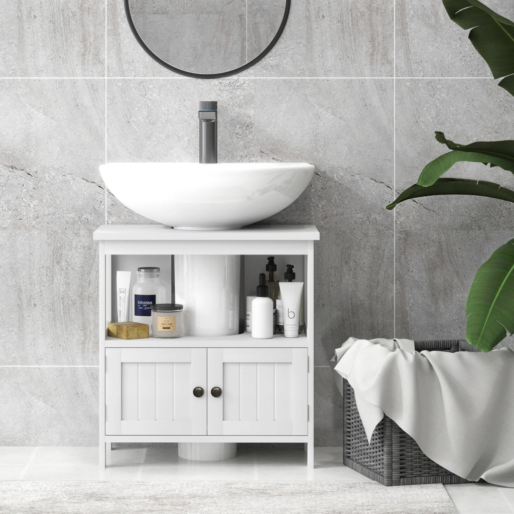 Mobile Sottolavabo con Ripiano e Armadietto, Intaglio e U e 2 Ante, 60x30x60 cm, Bianco