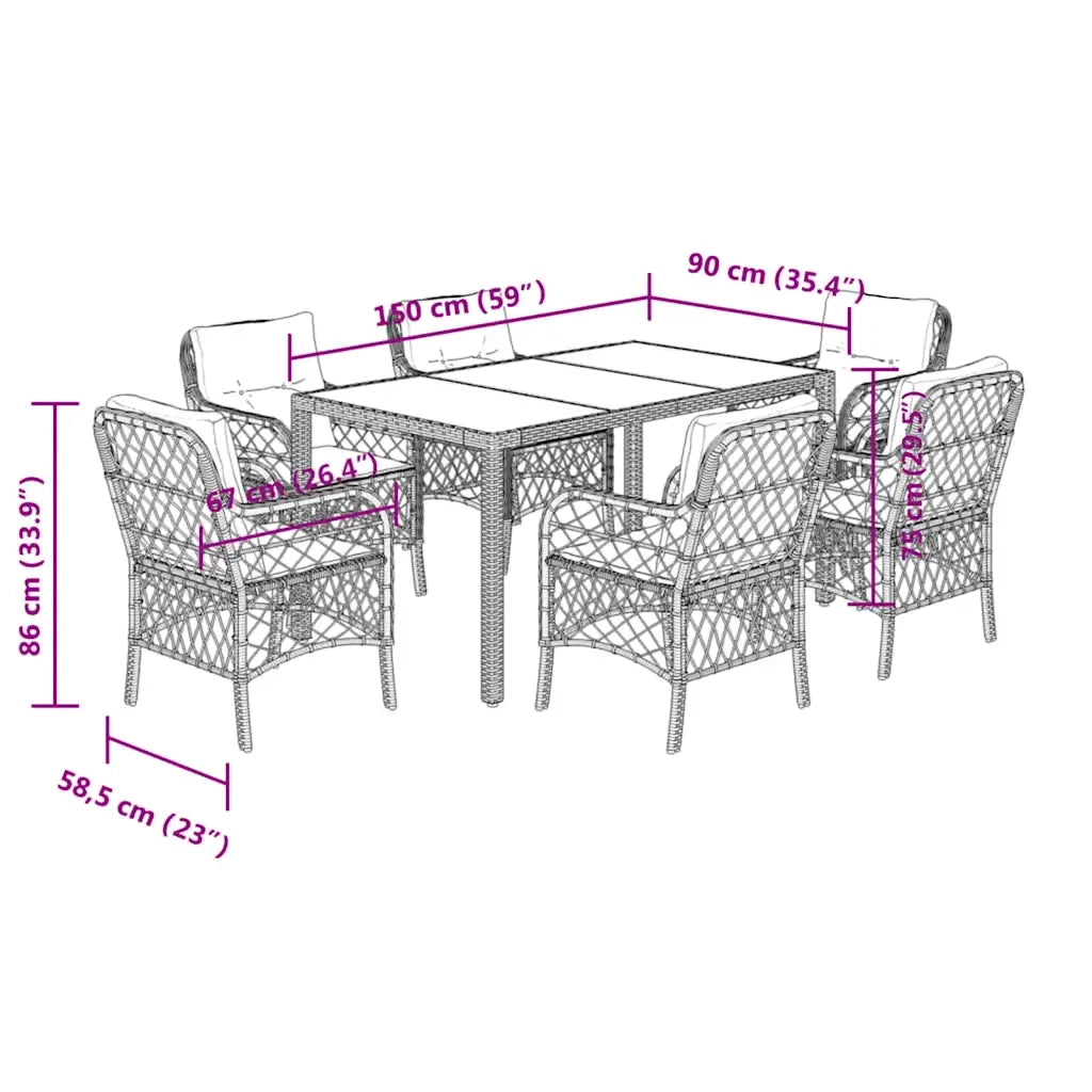 Set da Pranzo da Giardino 7 pz Nero con Cuscini in Polyrattan