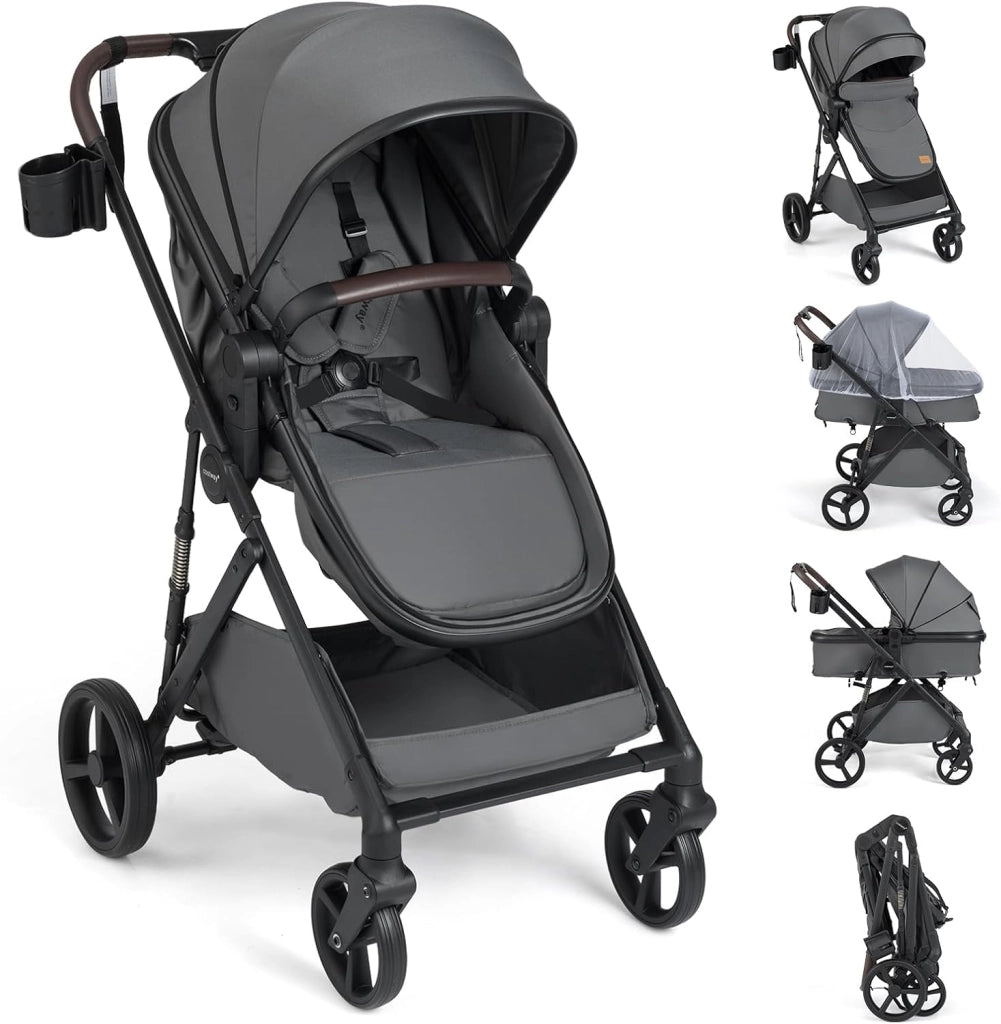 2 in 1 Passeggino Leggero Pieghevole per Bambini, con Schienale Regolabile, Sedile Reversibile, Tettuccio, Cestello Portaoeggetti, per Neonati per 0-36 Mesi (Grigio)