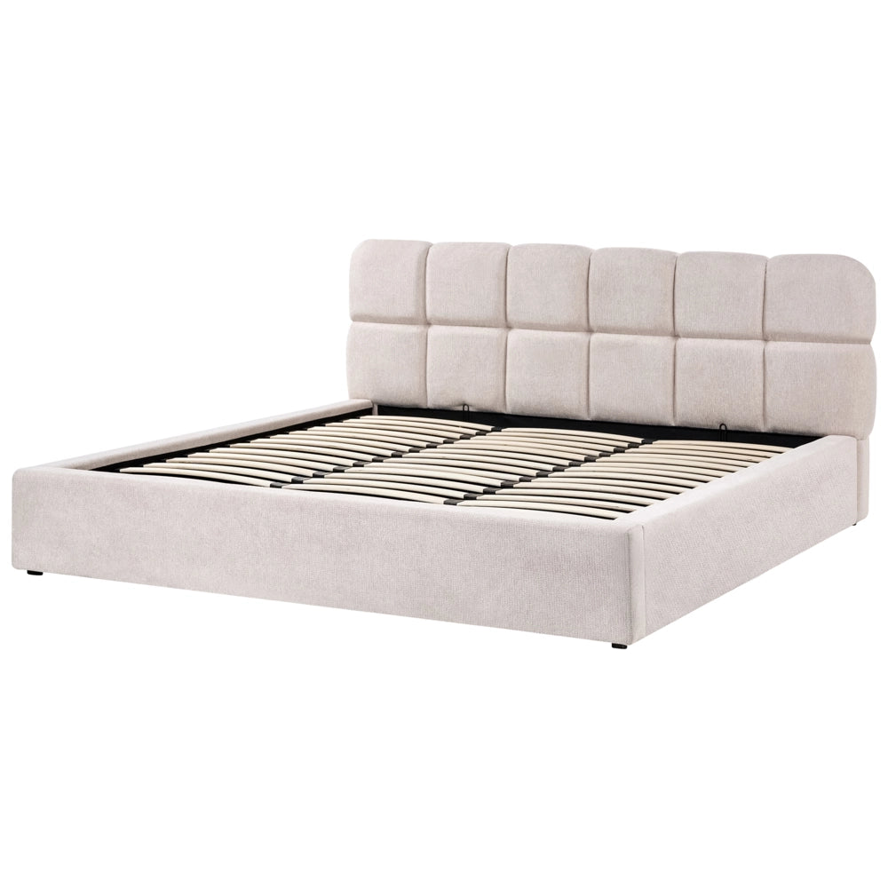 Letto 180 x 200 cm in tessuto beige chiaro, struttura imbottita, testiera con motivo a biscotto e contenitore