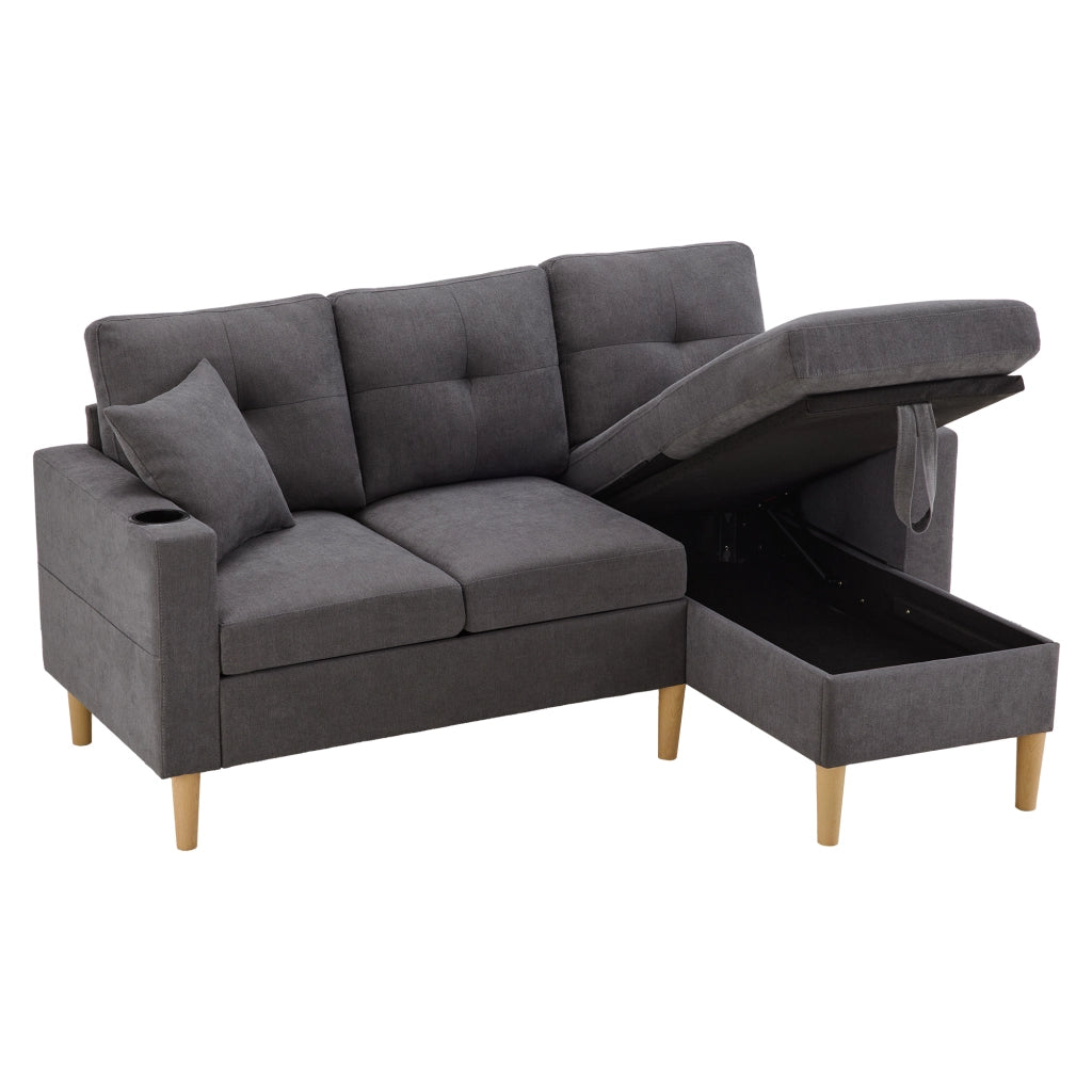 Divano Angolare 3 Posti con Chaise Longue e Contenitore ¨C MINIMAL ¨C con Cuscini e Portabicchieri