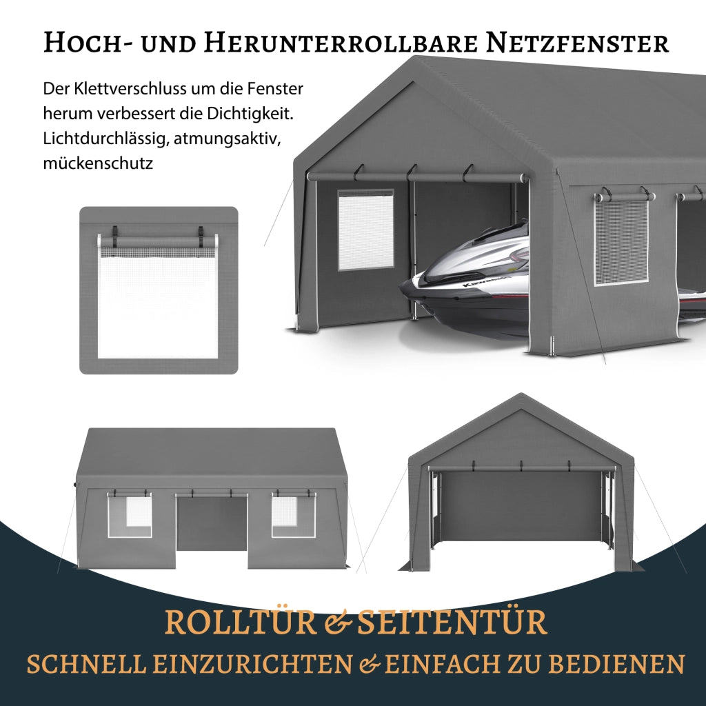 Gazebo da giardino con copertura laterale impermeabile, porte avvolgibili e finestre in metallo grigio 611 × 396 × 300 cm