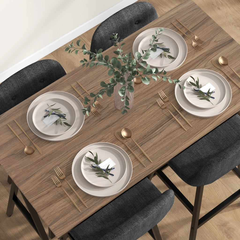 Set tavolo da pranzo e 4 sedie ¨C Minimal ¨C telaio metallo, tessuto grigio scuro, piano legno