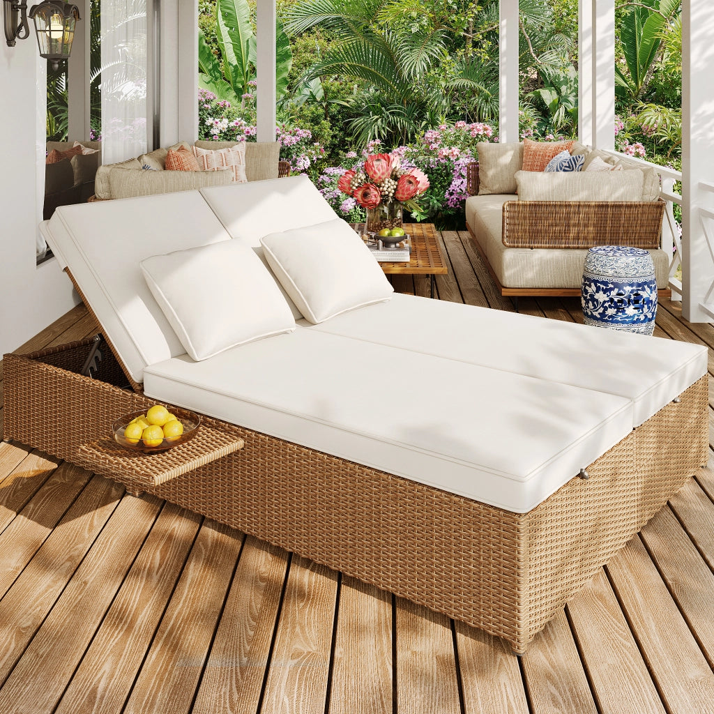Chaise longue de jardin ext¨¦rieure double lit chaise longue en rotin ext¨¦rieure canap¨¦ en rotin pouvant servir de mobilier de jardin d¡¯ext¨¦rieur adapt¨¦ aux salons balcons et jardins r¨¦sistant aux intemp¨¦ries pliable avec coussins blanc