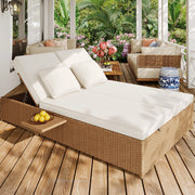 Chaise longue de jardin ext¨¦rieure double lit chaise longue en rotin ext¨¦rieure canap¨¦ en rotin pouvant servir de mobilier de jardin d¡¯ext¨¦rieur adapt¨¦ aux salons balcons et jardins r¨¦sistant aux intemp¨¦ries pliable avec coussins blanc