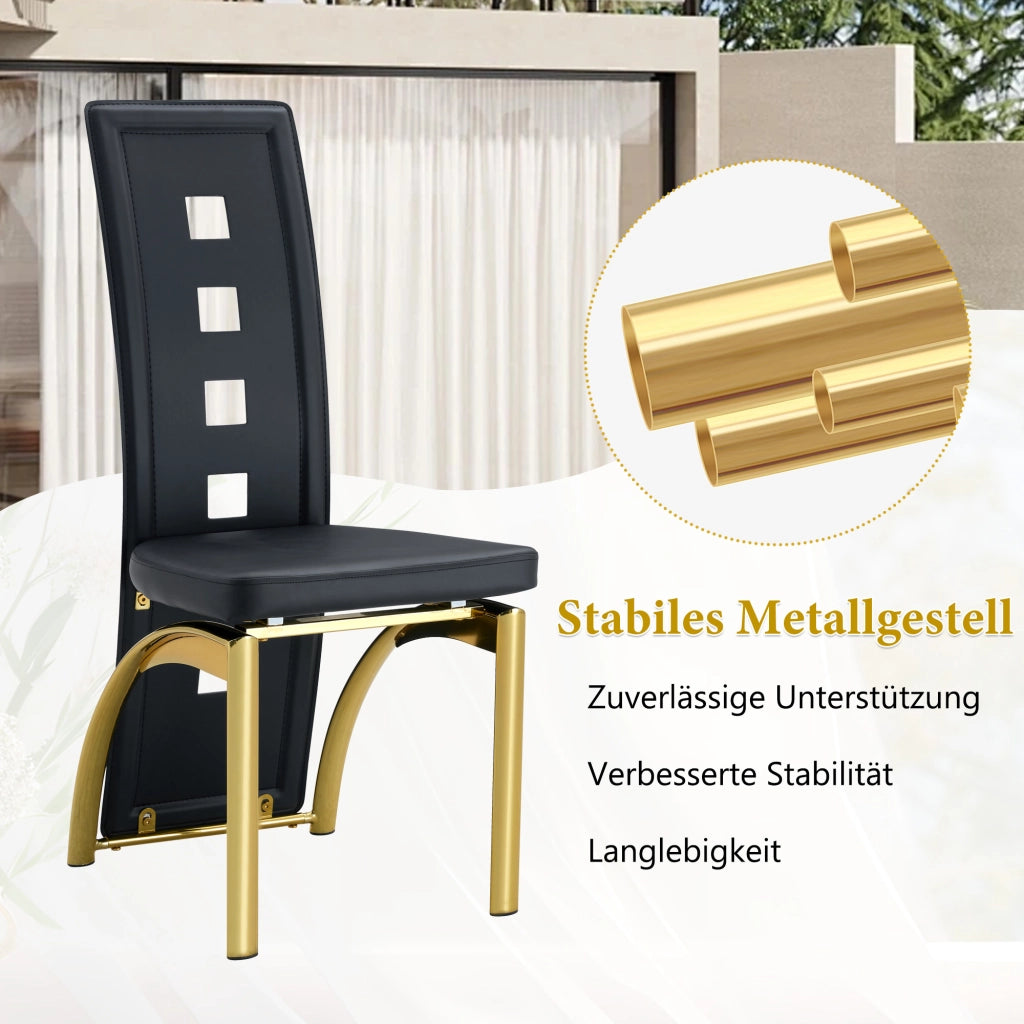 Sedia da Pranzo Set da 2 con Schienale Ajouré e Gambe in Metallo, PU Nero e Oro