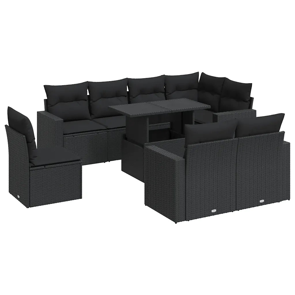 Set Divani da Giardino 9 pz con Cuscini Nero in Polyrattan 3326336
