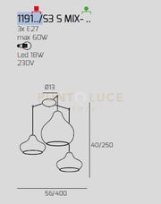 SOSP. OTTONE SATINATO 3 LUCI SPOSTABILE VETRI (1 X PICCOLO RU + 1 X PICCOLO ZA + 1 X GRANDE RU) 1191OS-S3 S MIX-ZR