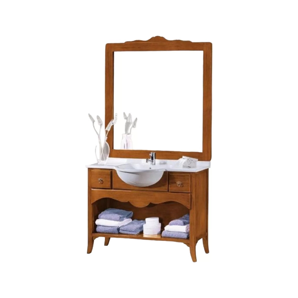 Mobile bagno 108 cm in legno grezzo lavabo 2 cassetti e cornice specchio - Mobili 2G