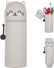 Etui per bambini, borsa 2-in-1 in silicone morbido, astuccio in piedi, contenitore per penne, pen holder per ufficio cartoon, astuccio, astuccio per astuccio (gatto)
