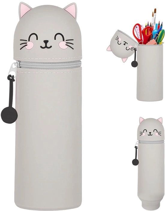 Etui per bambini, borsa 2-in-1 in silicone morbido, astuccio in piedi, contenitore per penne, pen holder per ufficio cartoon, astuccio, astuccio per astuccio (gatto)