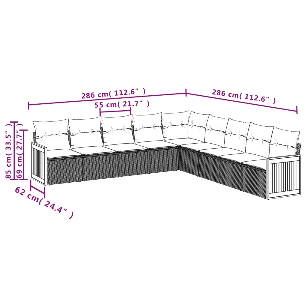 Set Divano da Giardino 9 pz con Cuscini Grigio in Polyrattan 3260142