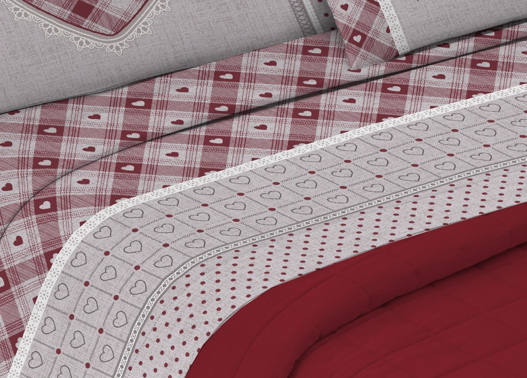 Completo Lenzuola Letto Pensieri Delicati 100% Cotone Dis.Chalet - Singolo - Rosso
