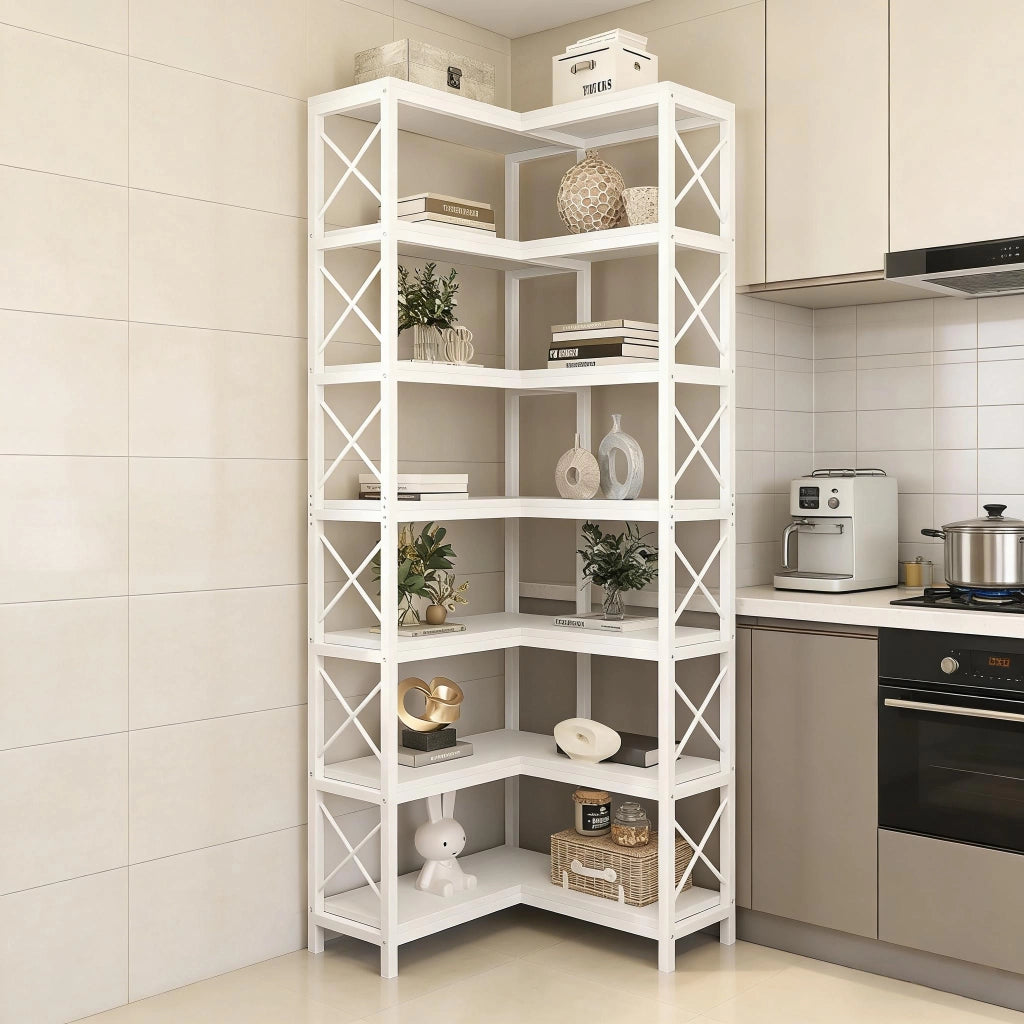 LIBRERIA ANGOLARE 117x29x30 cm Bianca in metallo e legno 7 ripiani