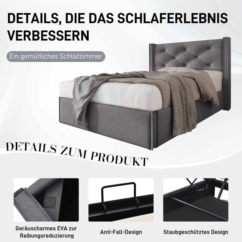 Letto imbottito 90x200 - Xylo - Grigio, struttura sollevabile