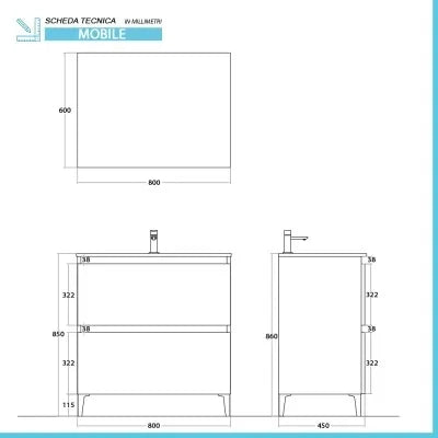 Mobile bagno a terra 80 cm rovere africa con cassetti soft-close Kleo