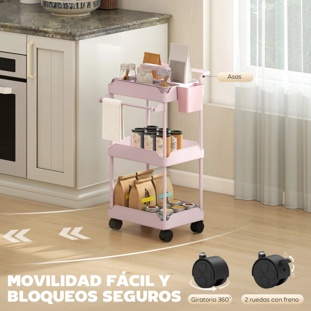 Carrello Portautensili da Cucina a 3 Livelli ¨C zephmum ¨C Rosa