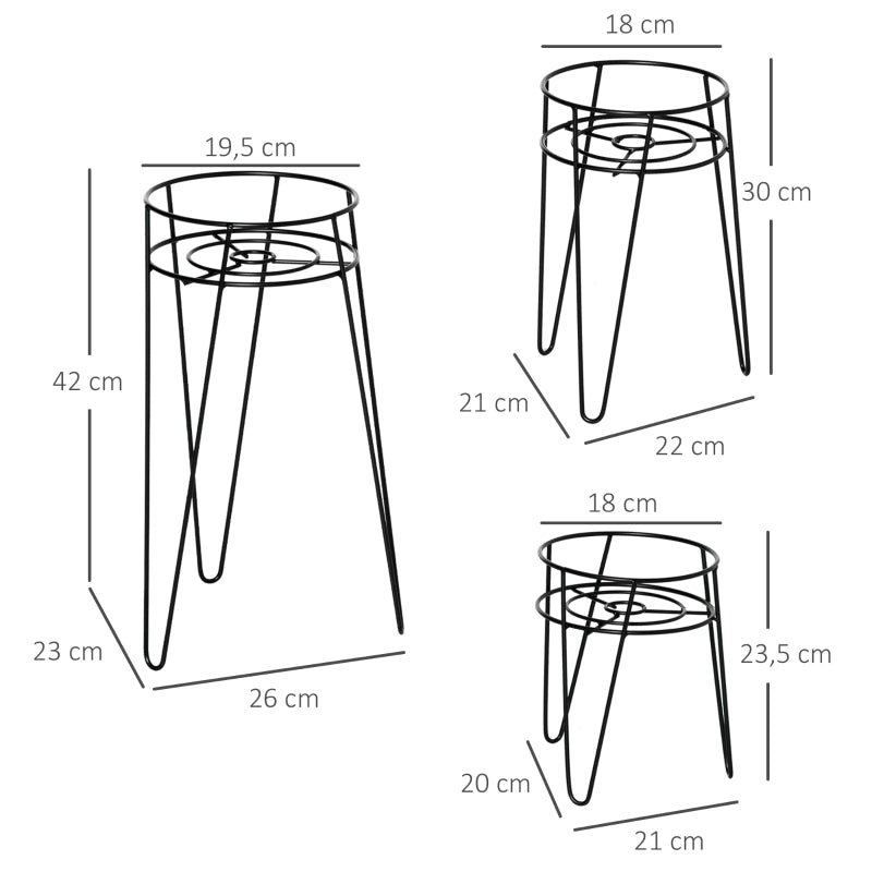 Set di 3 supporti per piante in metallo, adatti a vasi fino a ?16 cm, eleganti sgabelli per fiori neri.