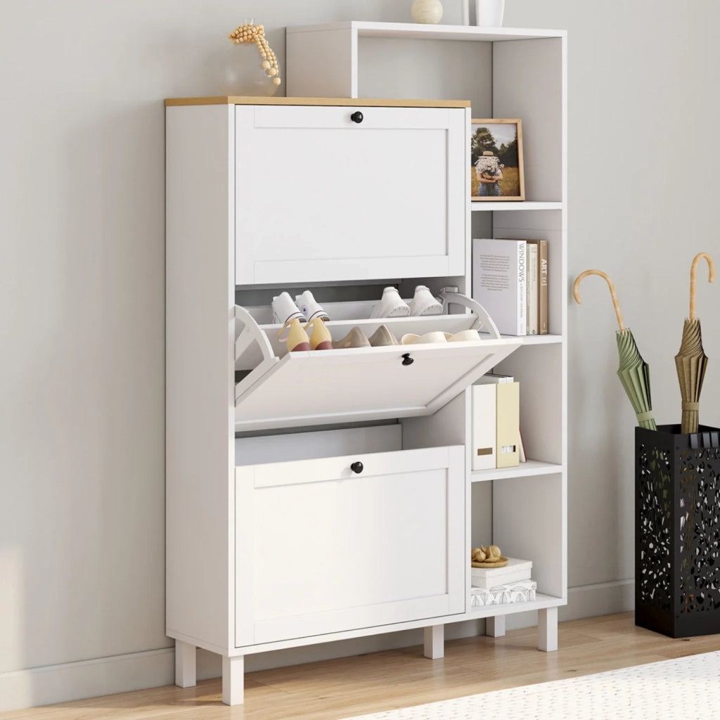 IDMarket - ACHILLE 18 paia di scarpiere bianche a 3 ante con piano e ripiano in legno