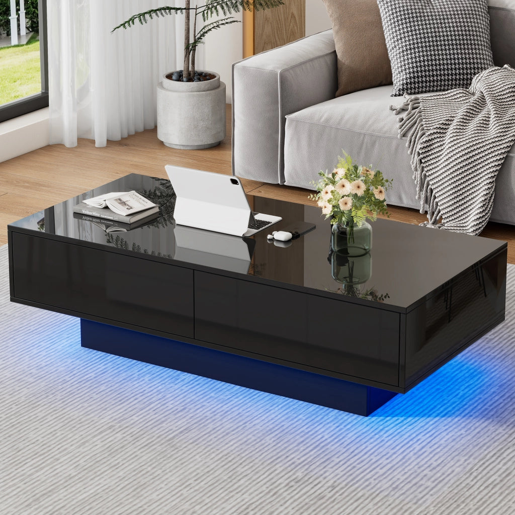 TAVOLINO da caffè 115x55x34 cm nero lucido con 2 cassetti e LED