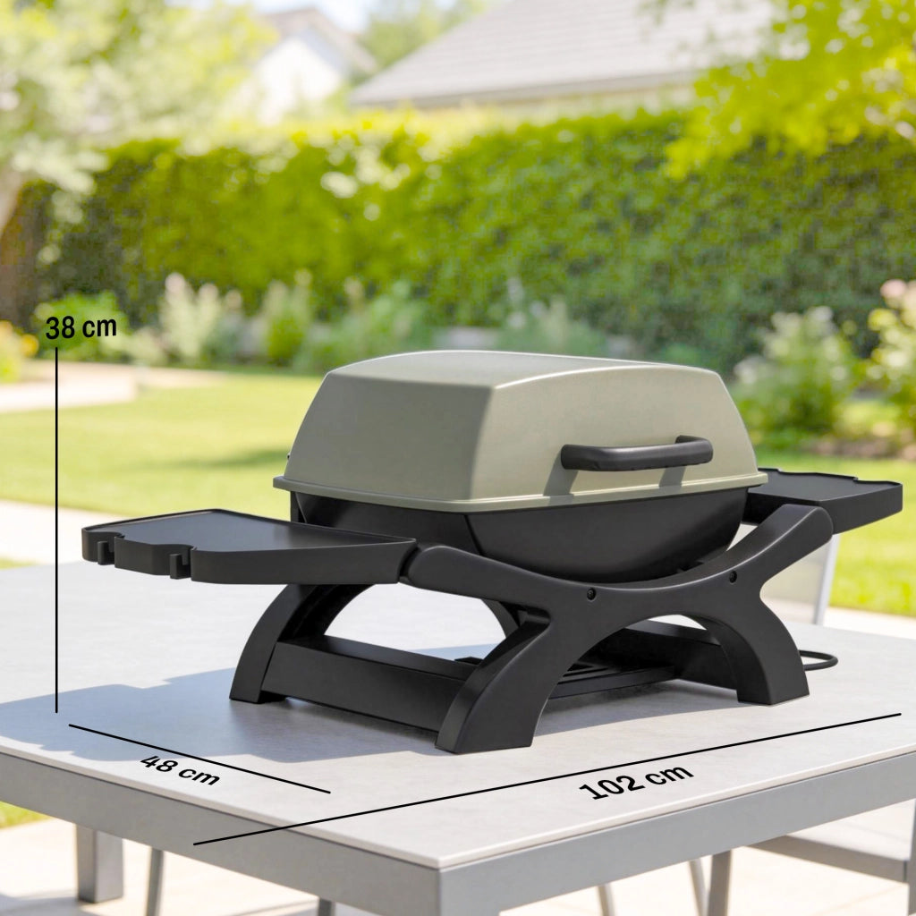 barbecue elettrico 2300W, portatile da tavolo con ripiani laterali, colore nero.