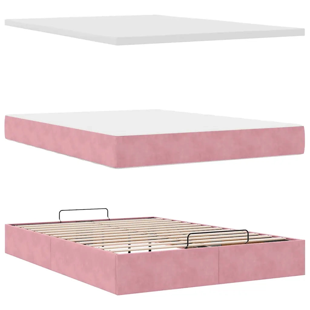 Struttura Letto Pouf con Materasso Rosa 140x200 cm in Velluto 3311926
