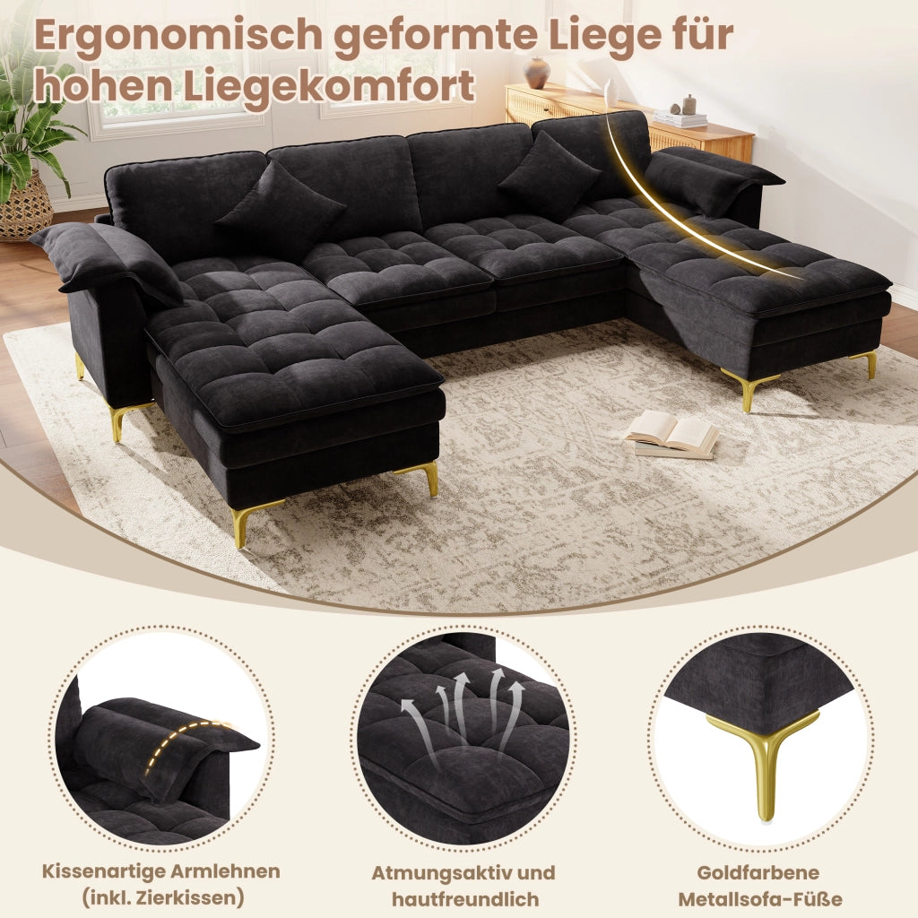 DIVANO A U Modulare 262x134x86 cm Chenille Nero