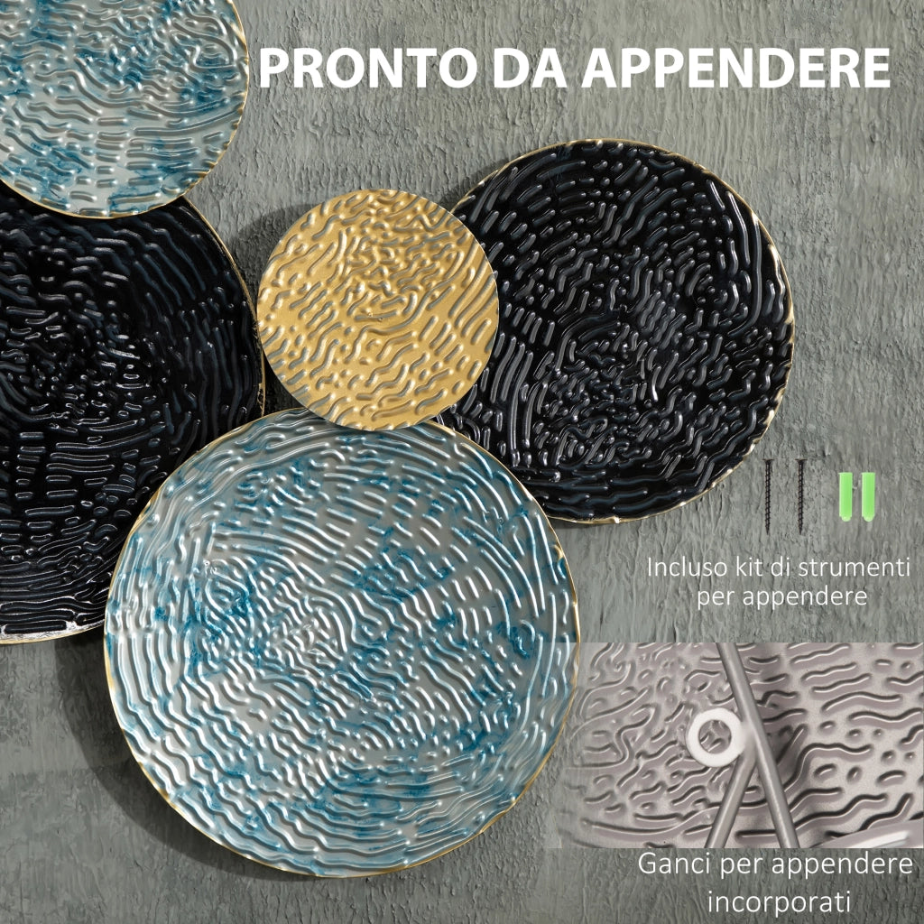 Decorazione Murale 3D a Cerchi ¨C Minimal ¨C Blu Nero Oro 133x66cm