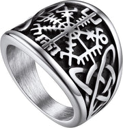 Anello compasso Viking Vegvisir per uomo - Acciaio inossidabile/Placcato oro/nero - Mitologia norrena - Dimensioni O-Z+3 (con scatola regalo) - Materiale: metallo, senza pietra preziosa