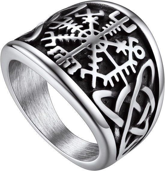 Anello compasso Viking Vegvisir per uomo - Acciaio inossidabile/Placcato oro/nero - Mitologia norrena - Dimensioni O-Z+3 (con scatola regalo) - Materiale: metallo, senza pietra preziosa