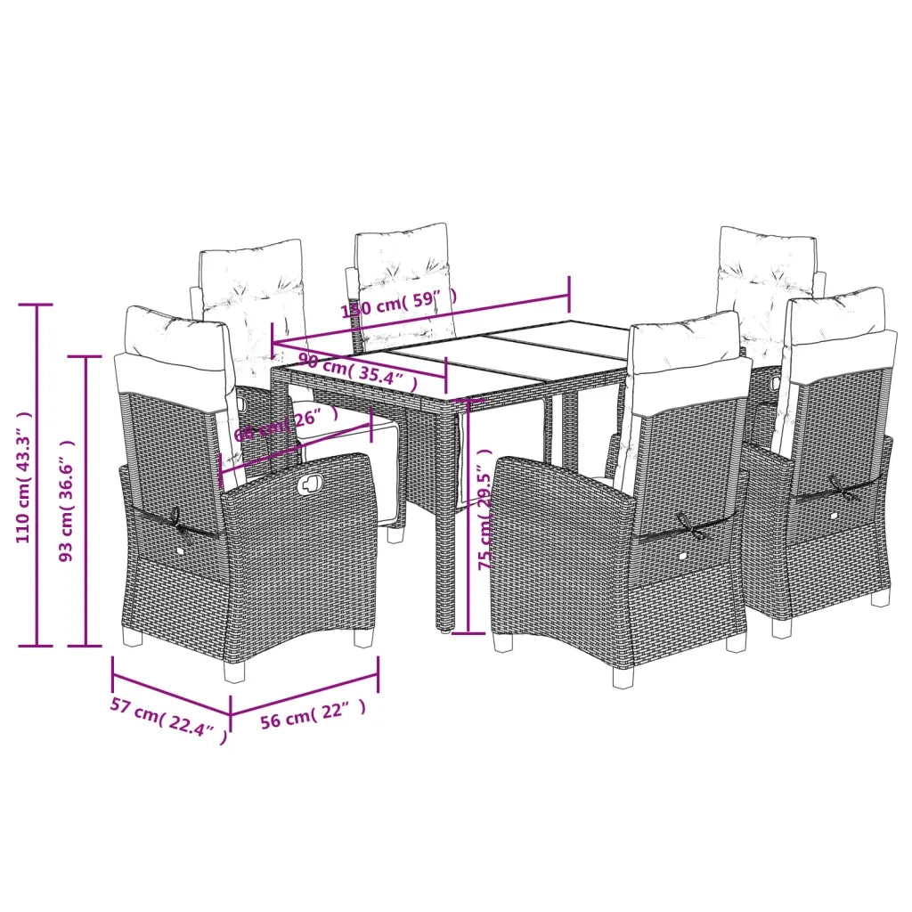 Set da Pranzo da Giardino 7 pz Nero con Cuscini in Polyrattan 3212903